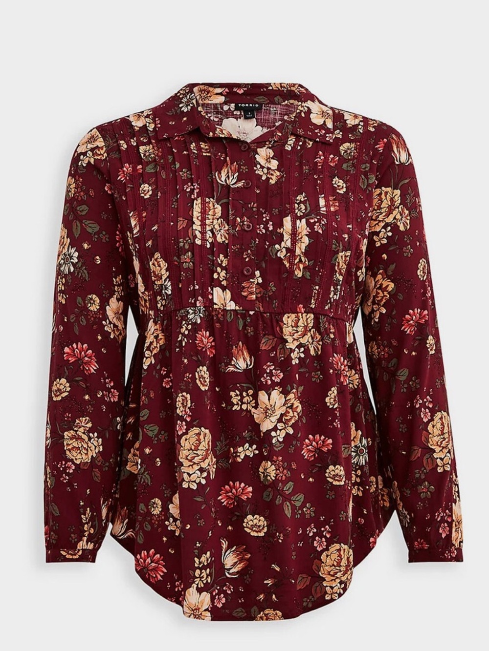 Torrid 1X Rayon Slub Lace Trim Popover Long Sleeve Floral Tunic Top - Picture 4 of 6